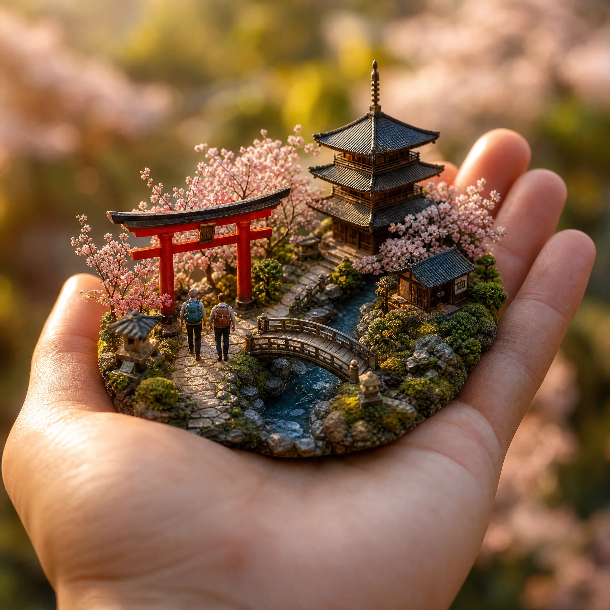 Generated miniature landscape in a hand with a red torii gate, wooden pagoda, bridge, cherry blossoms and two travelers.