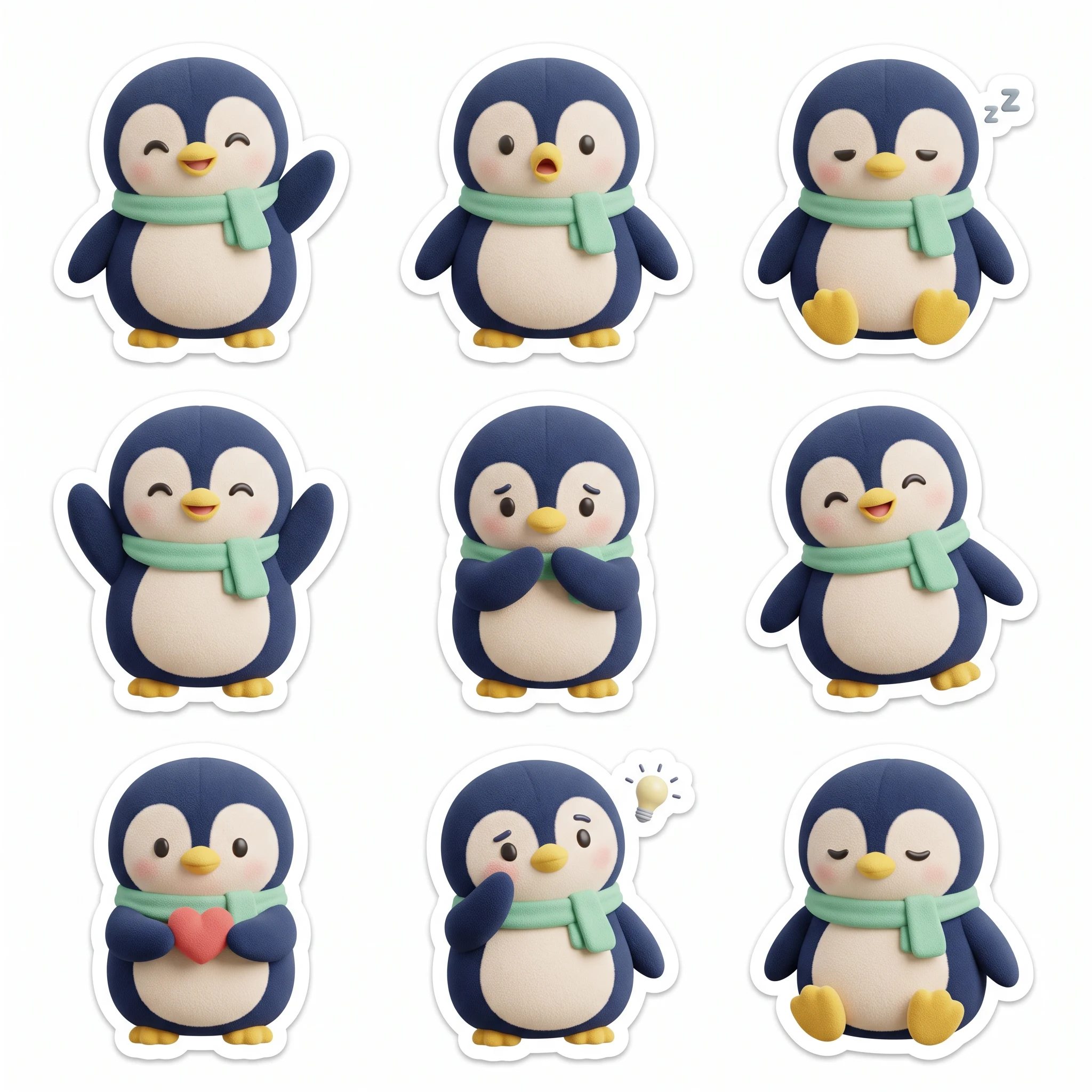 Generated three-by-three sheet of nine navy penguins with cream bellies and mint scarves showing different emotions.